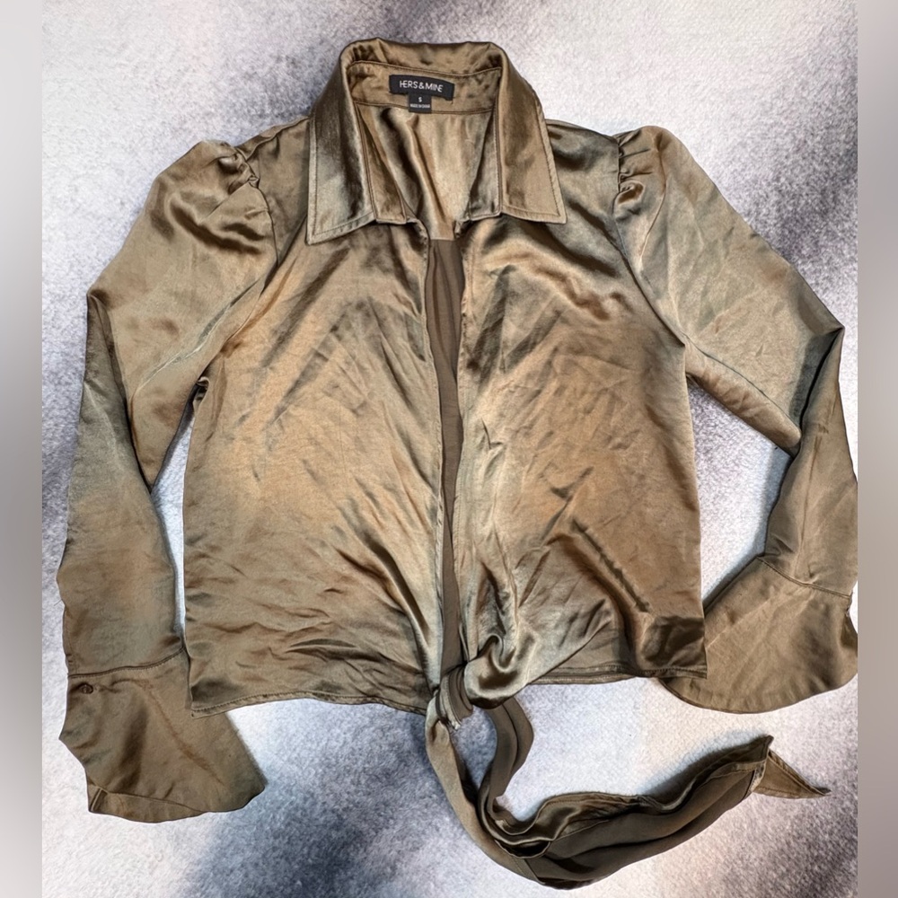 Hers & Mine Brown Bronze Satin Classic Open‎ Tie Blouse Top Shirt Small S